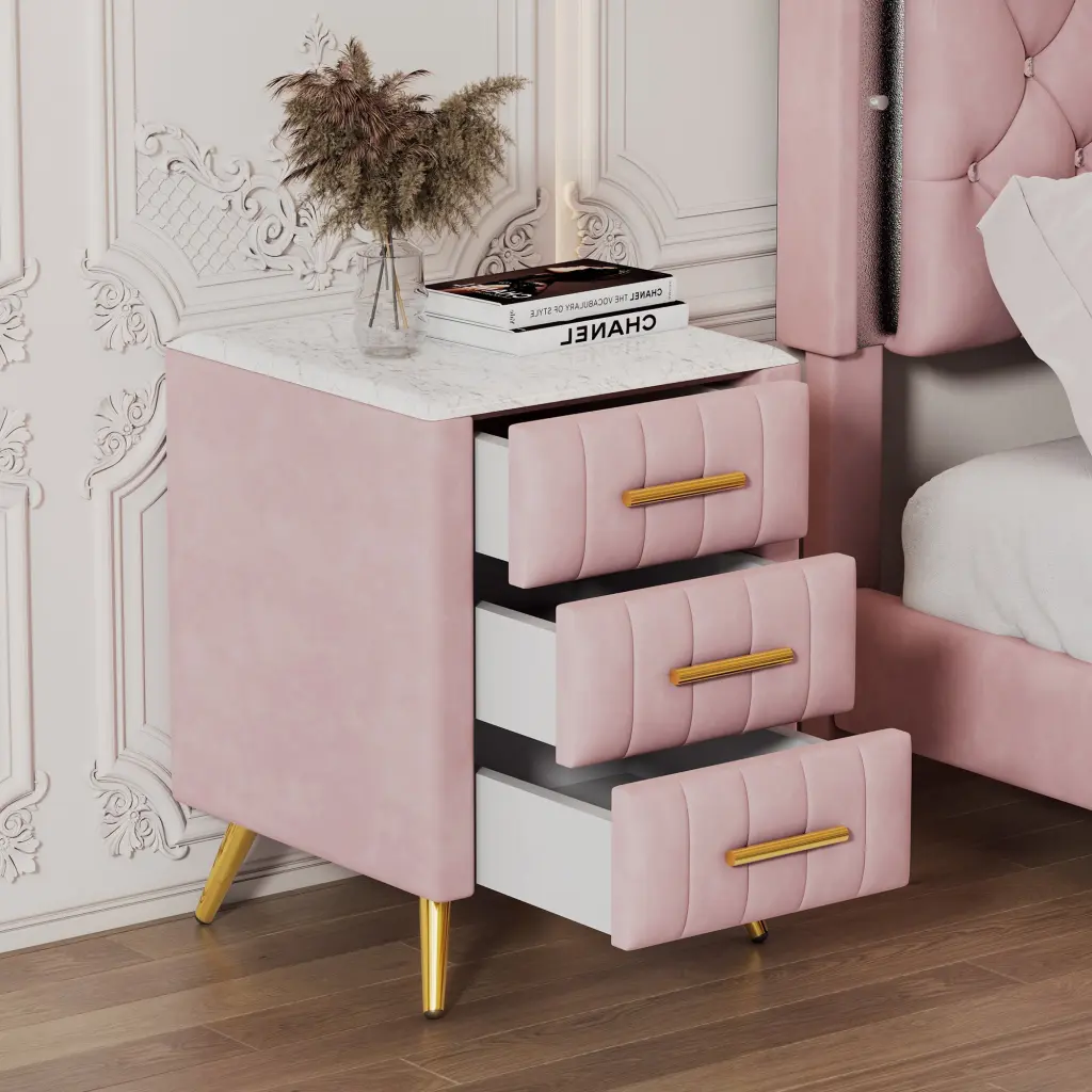 Upholstered Wooden Nightstand 3 Drawers And Metal Legs - Fabric Covered Bedside Table homey life