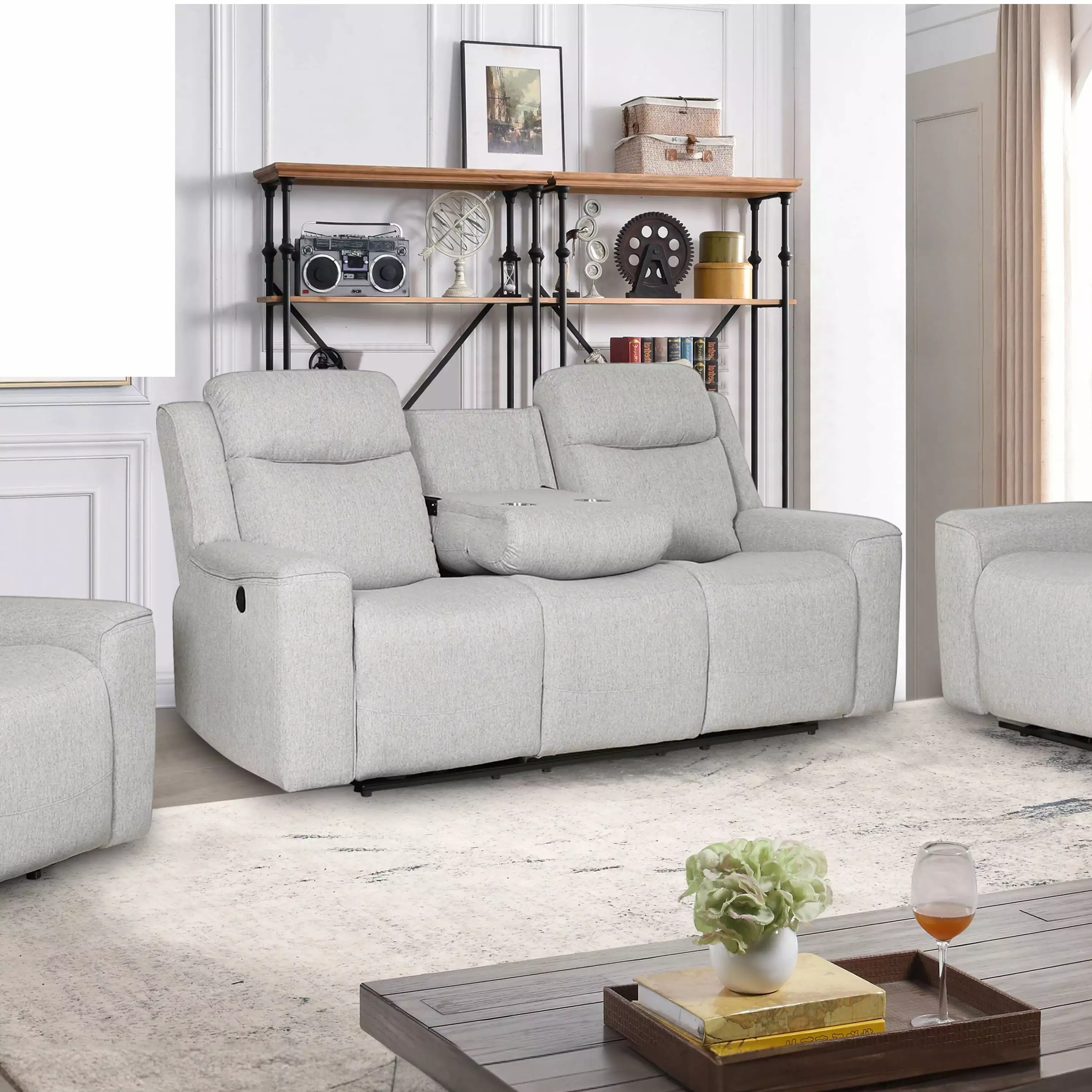 Amelia Collection Contemporary Upholstered Recliner Sofa Dropdown Console and Cup Holders White AC Pacific