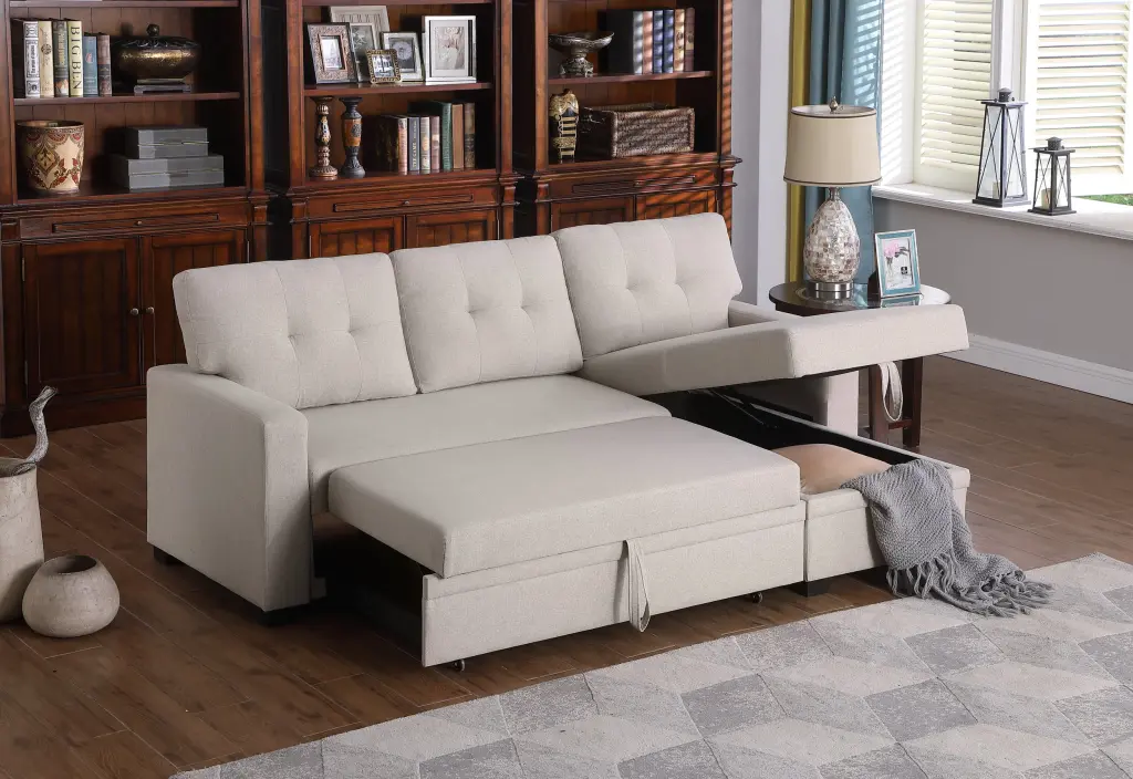 Upholstered Pull Out Sectional Sofa Chaise Beige Foam Linen cynthia-s furniture