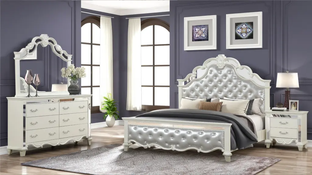 Milan Queen 4 Piece Tufted Upholstery Bedroom Set White Wood Frame galaxy home furnishings