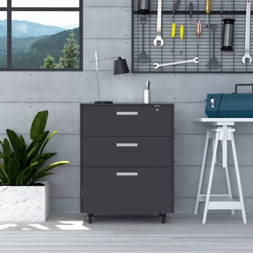 Multi Storage Cabinet 35 Inch H Three Drawers Four Wheels Black rta mubles colombia