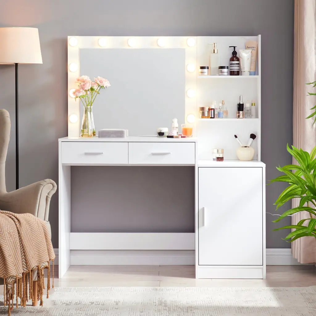 Vanity Desk Mirror And Lights 46.4 Inch Dressing Table 2 Large Drawers mirrotowel