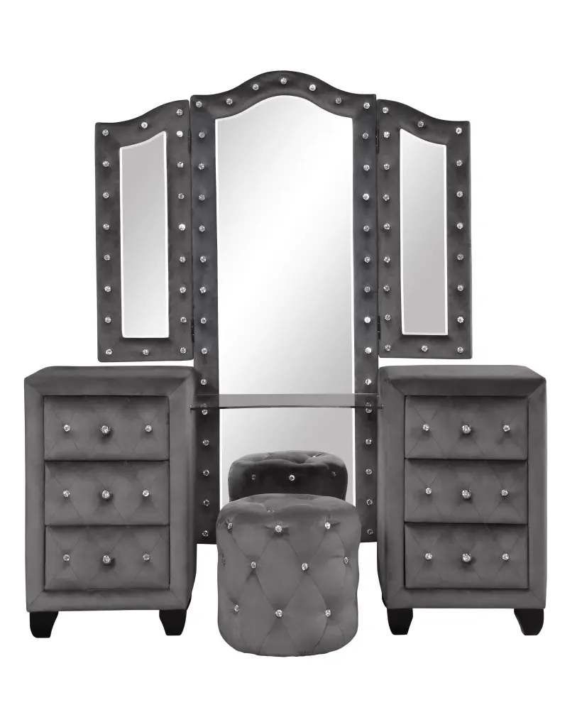 Sophia Modern Style Crystal Tufted Upholstery 6 Drawer Vanity Set Mirror galaxy home furnishings