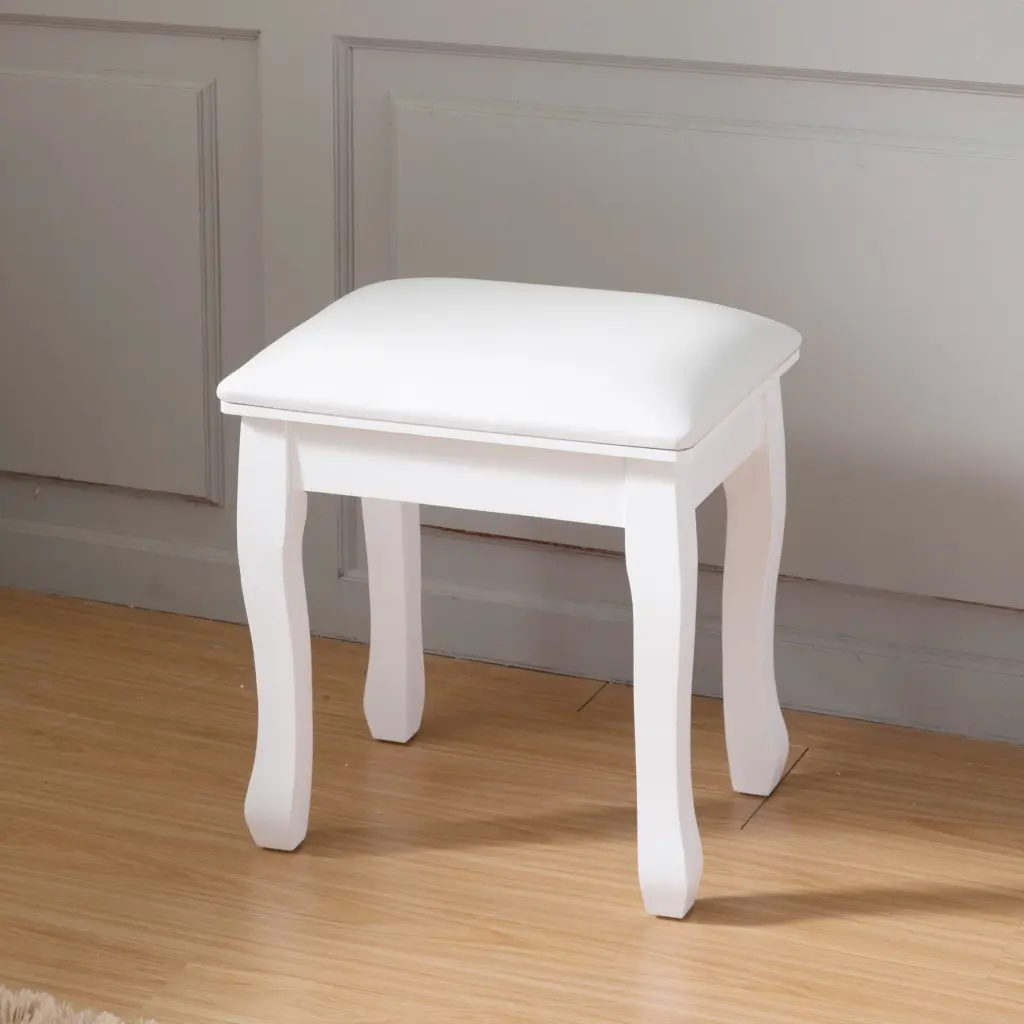 White Vanity Stool Padded Makeup Chair Bench Solid Wood Legs familyroom furnitures