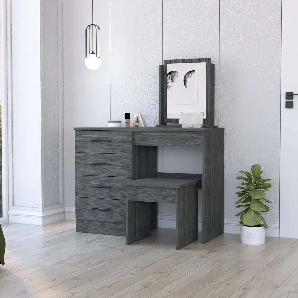 Stonington 4 Drawer Makeup Dressing Table Stool Smokey Oak Gray furniture max