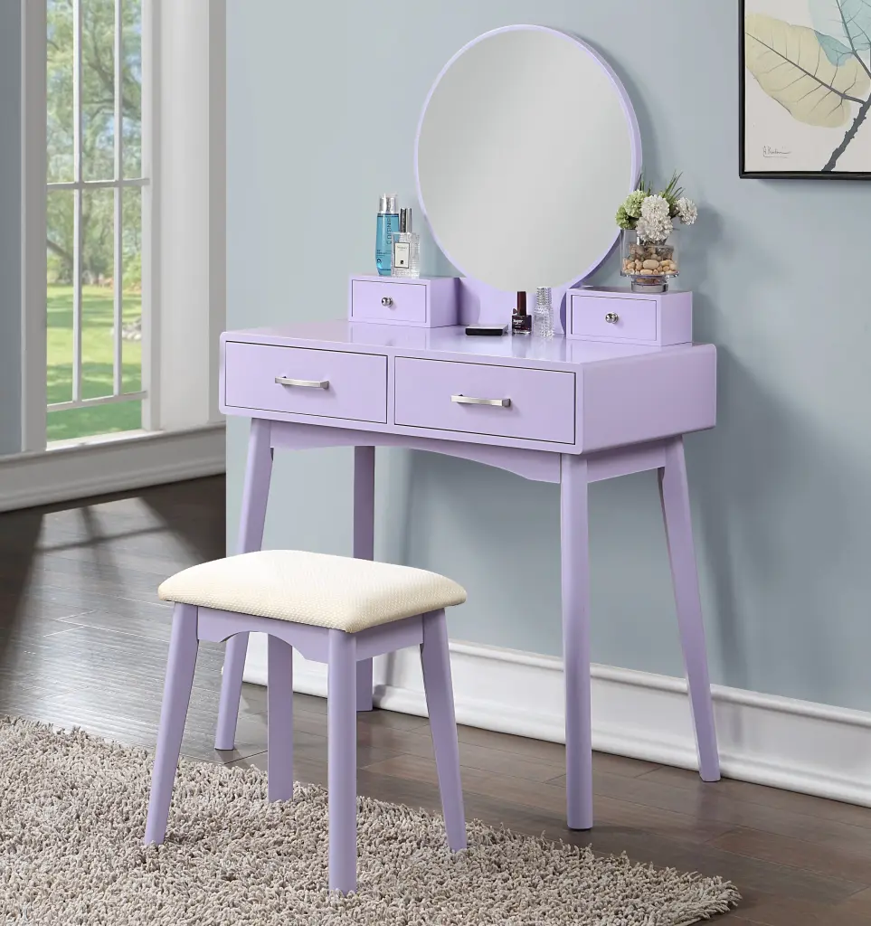 Liannon Contemporary Wood Vanity and Stool Set Purple hz