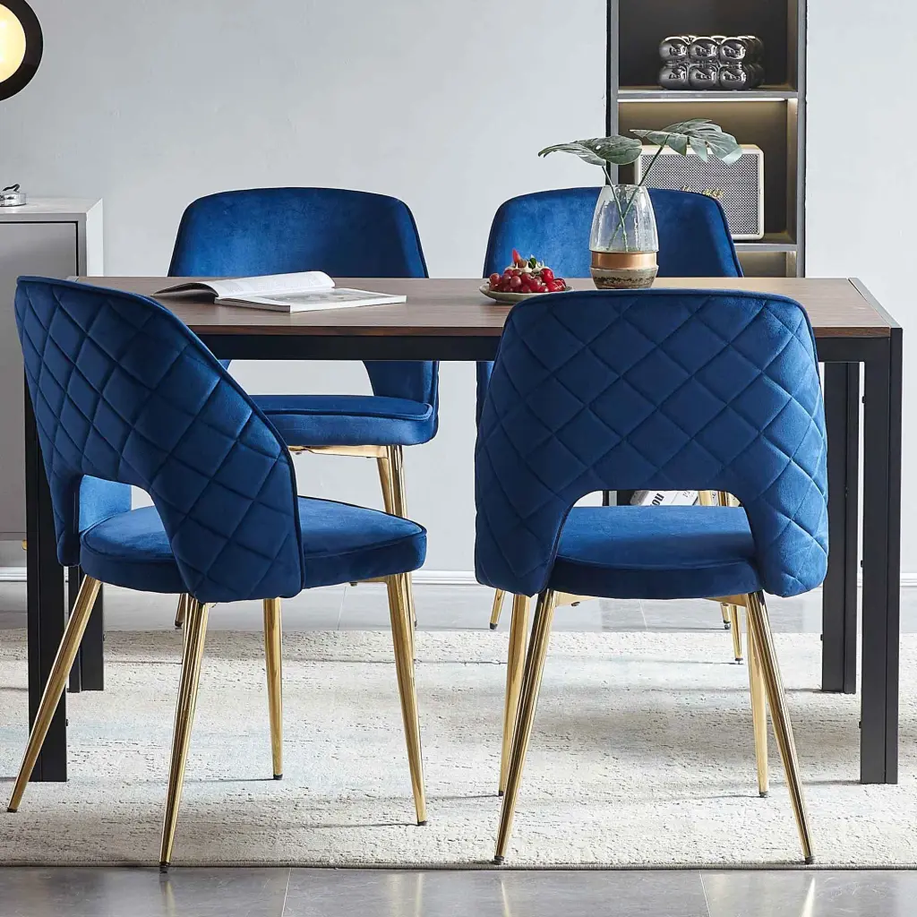 Blue Velvet Dining Chairs Metal Legs Hollow Back Upholstered bn smart home w1516