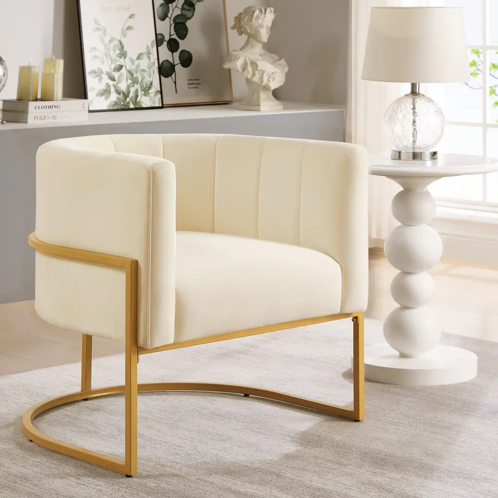 Upholstered Velvet Accent Chair Golden Metal Stand Mid Century Style wm home furniture