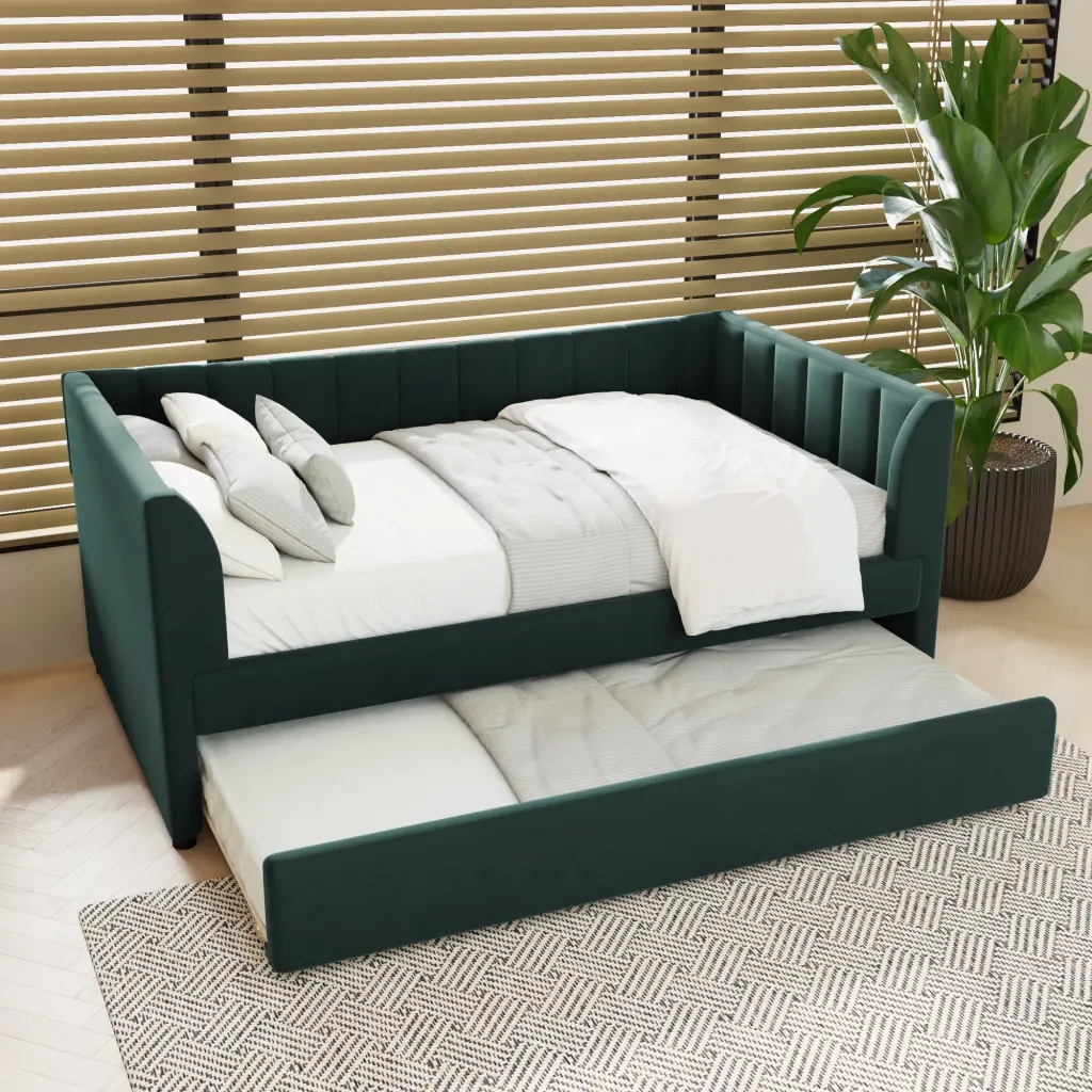 Twin Size Upholstered Velvet Daybed Trundle Green No Box Spring wm dreamland