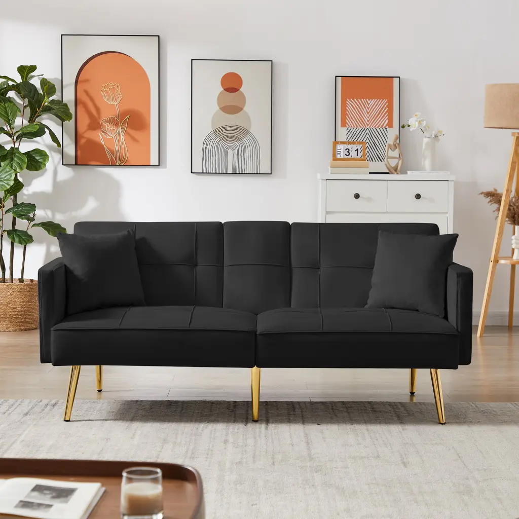 Black Velvet Futon Sofa Bed Gold Metal Legs Black Velvet Wood Frame Convertible Sofa rnb