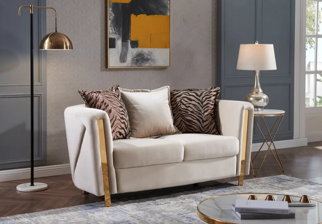 Chanelle Thick Velvet Upholstered Loveseat Wood Frame Beige Living Room Sofa galaxy home furnishings