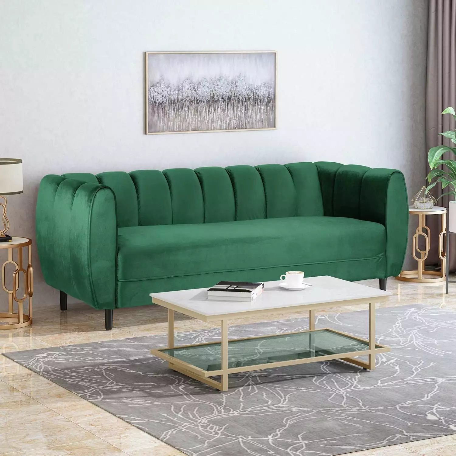 Modern Velvet Loveseat Sofa Living Room 3 Seater Removable Cushions and Cover Green Thezne