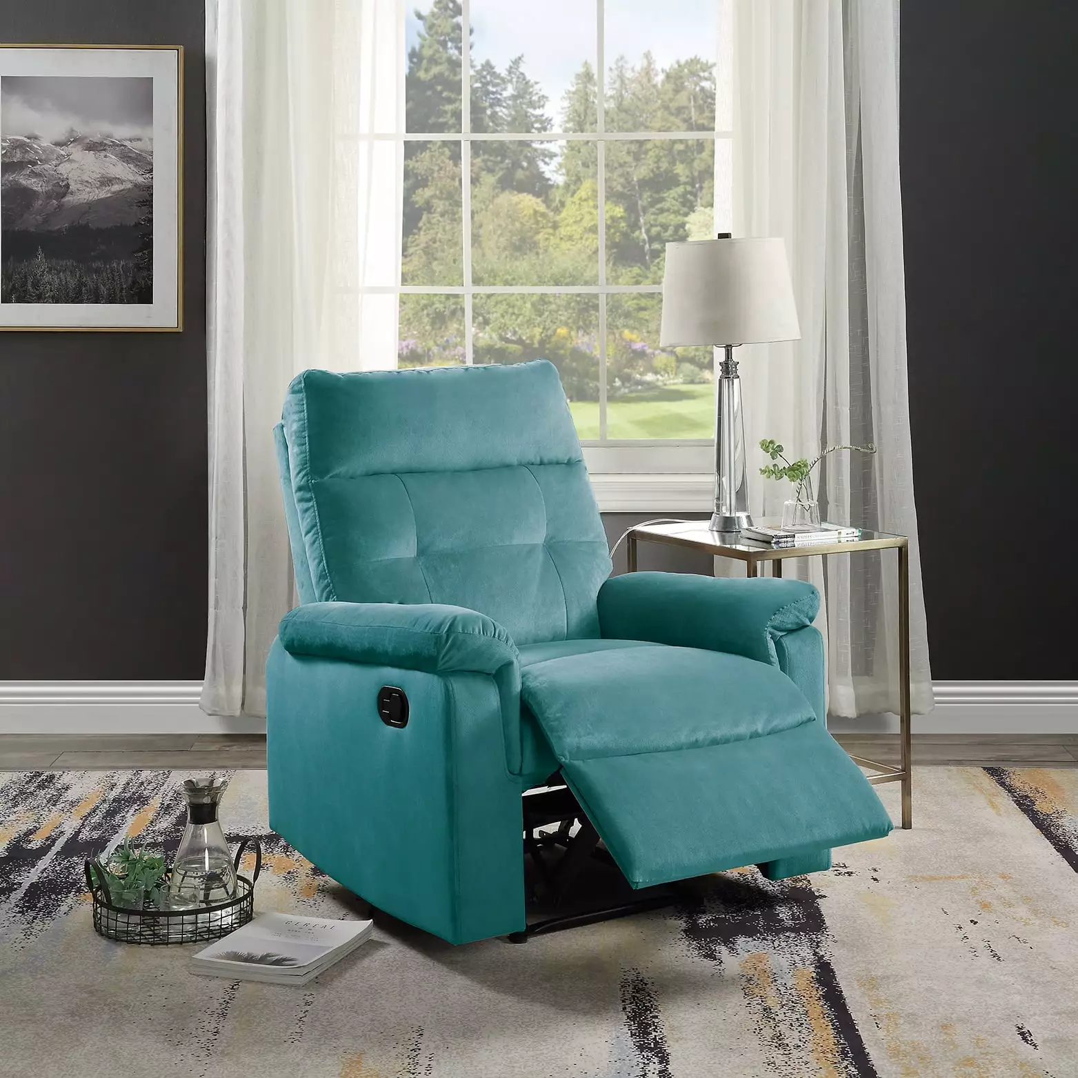 Luxurious Velvet Teal Blue Motion Recliner Chair Manual Plush Armrest Tufted Back Living Room Furniture Jamini