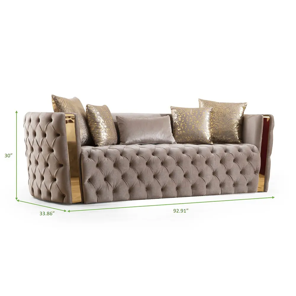 Naomi Button Tufted 2 Piece Set Velvet Fabric Gold Accent Taupe galaxy home furnishings