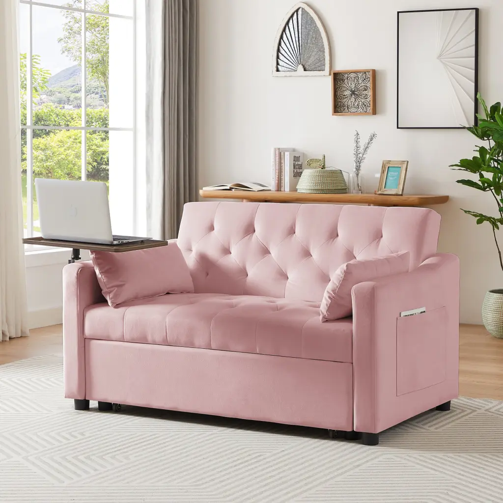 Pink Velvet Sofa Bed Wood Tufted Back 2 Seater Convertible cy furniture