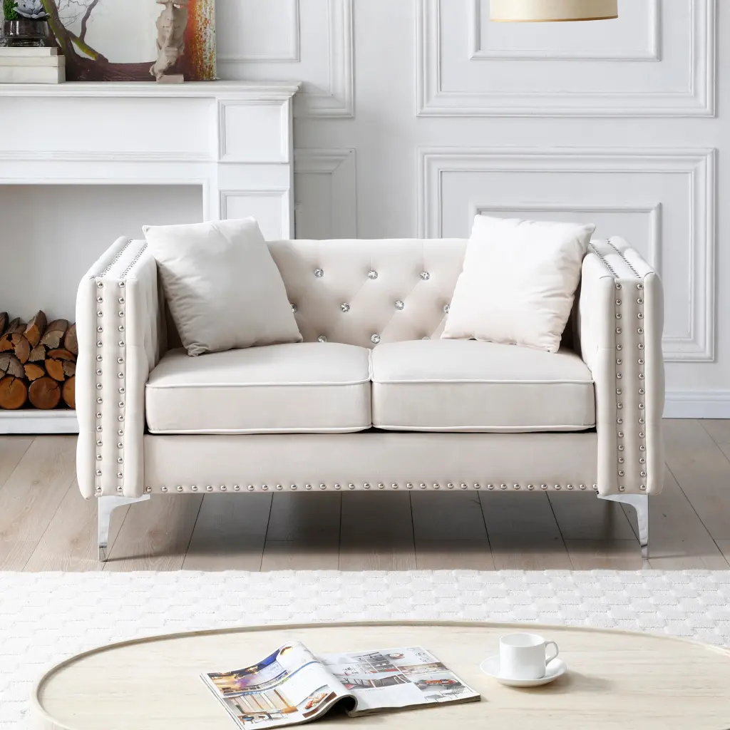 59.4 Inch Wide Velvet Sofa Jeweled Buttons Square Arm 2 Pillows aijiafurniture