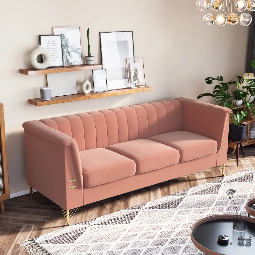 FX P82 PK Sofa Modern Designs Velvet Upholstered Living Room Sofa 3 Seat factoryx