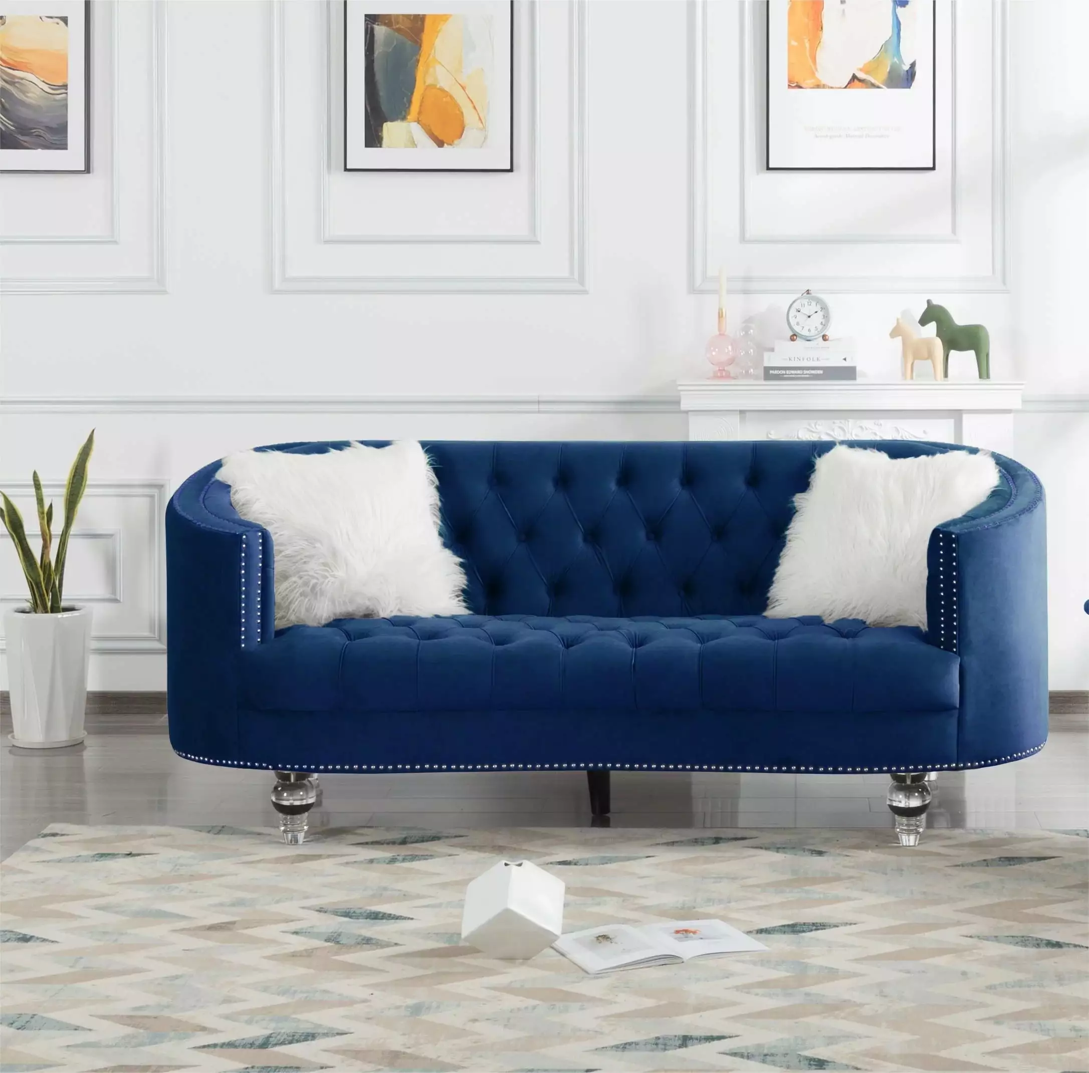 Living Room Sofa Navy Blue Velvet Mid Century Modern Comfortable Couch