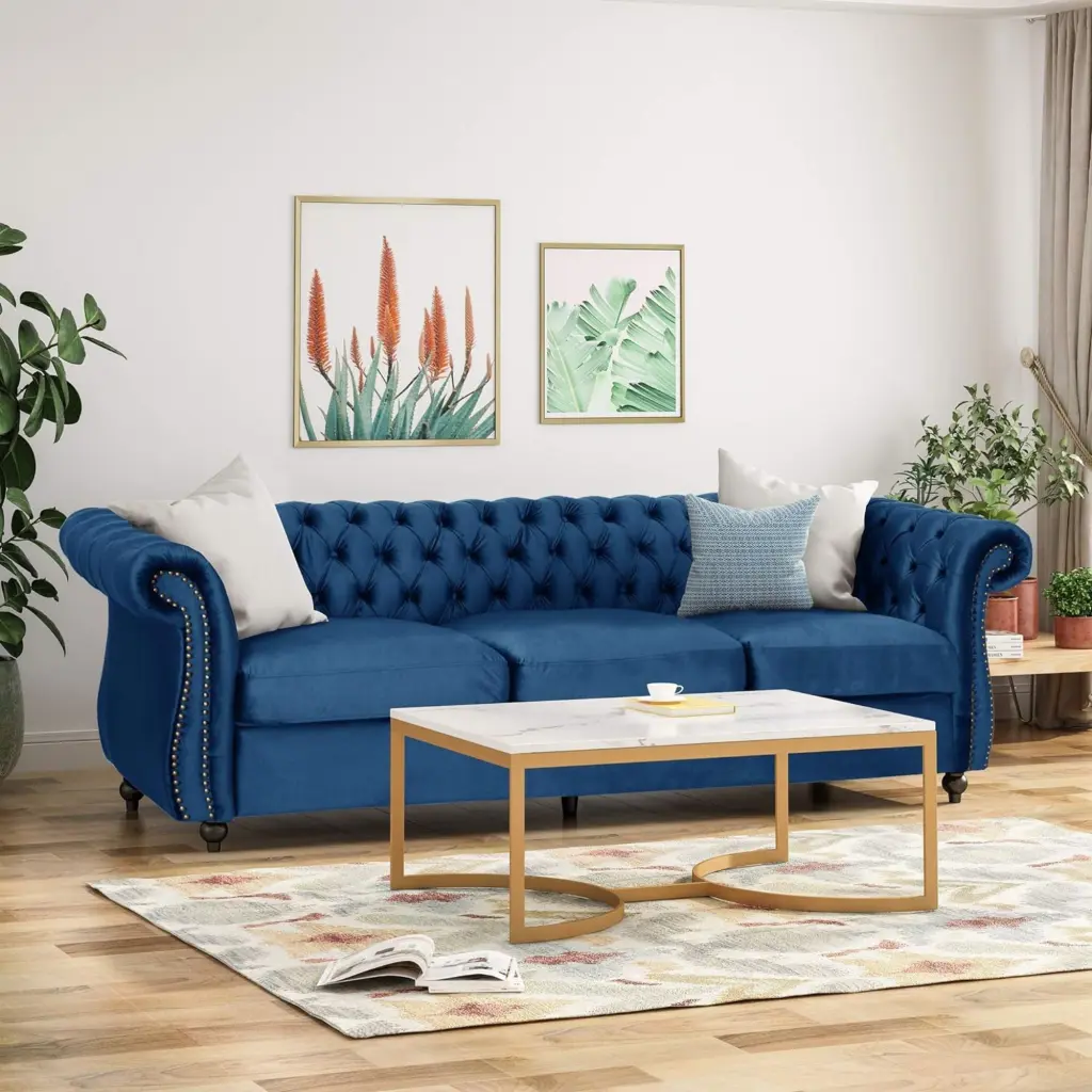Timeless 3 Seater Navy Blue Velvet Sofa Classic Elegance nh-echo