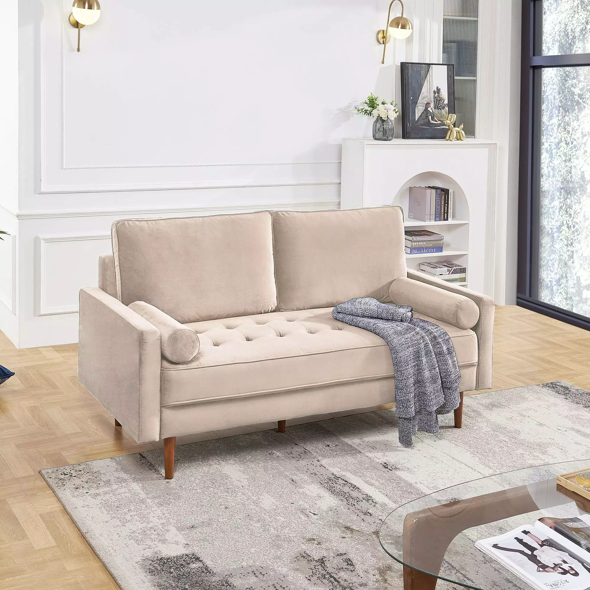 69 Inch Wide Upholstered Two Cushion Sofa Bolster Pillows Beige Velvet OS Home & Office Furniture