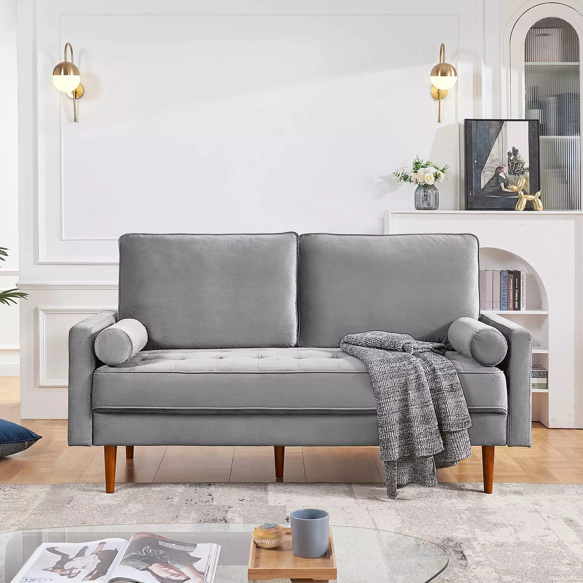 69 Inch Wide Upholstered Two Cushion Sofa Bolster Pillows Grey Velvet OS Home & Office Furniture