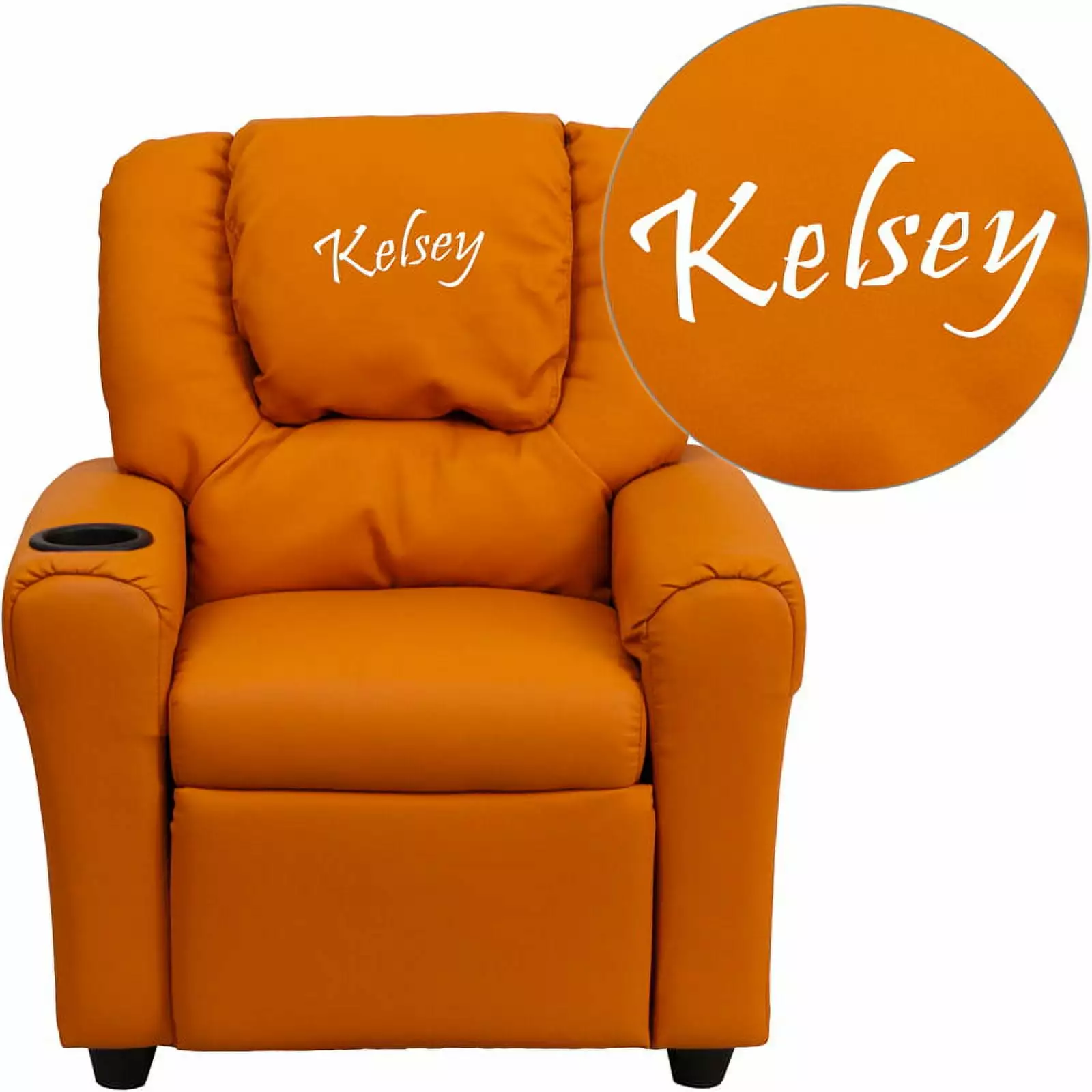 Personalized Orange Vinyl Kids Recliner Cup Holder and Headrest Flash Furniture