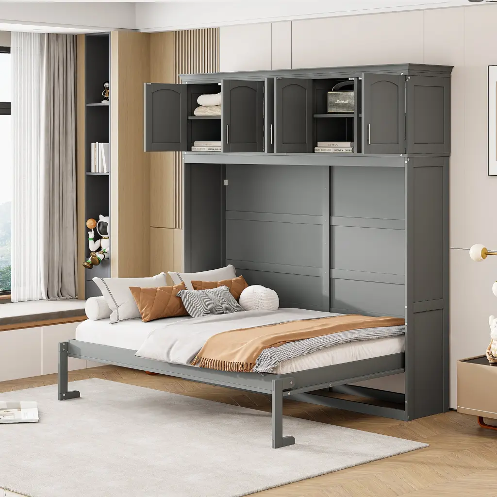 Full Size Murphy Bed Wall Bed Top Cabinets Gray Plywood lucky furniture
