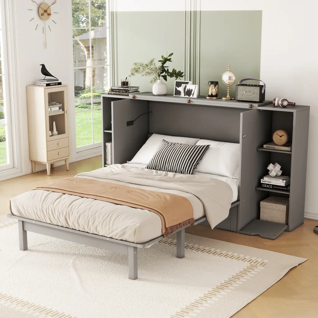 Full Size Murphy Bed Shelves, Drawers And USB Ports, Gray MDF lucky furniture