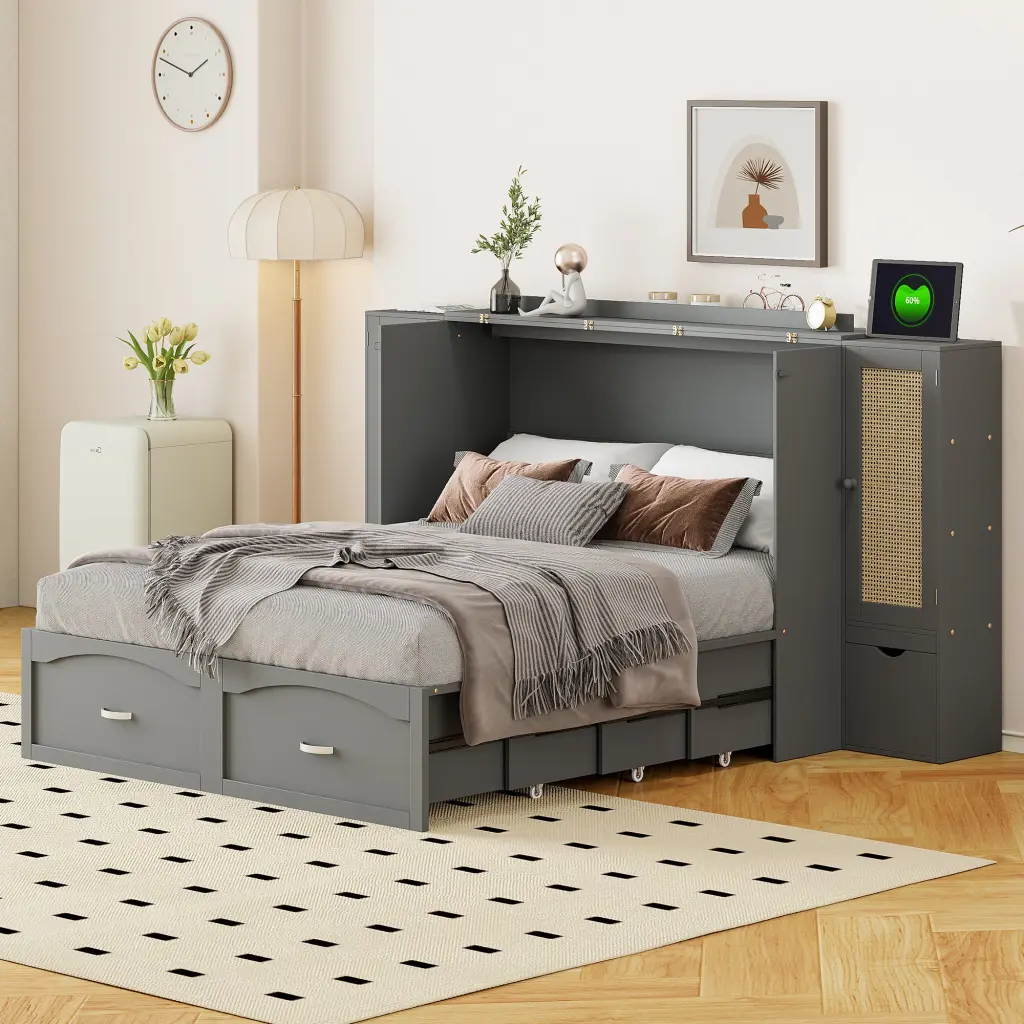 Full Size Murphy Bed Wall Bed Drawer And Rattan Decoration 2 Storage lucky furniture