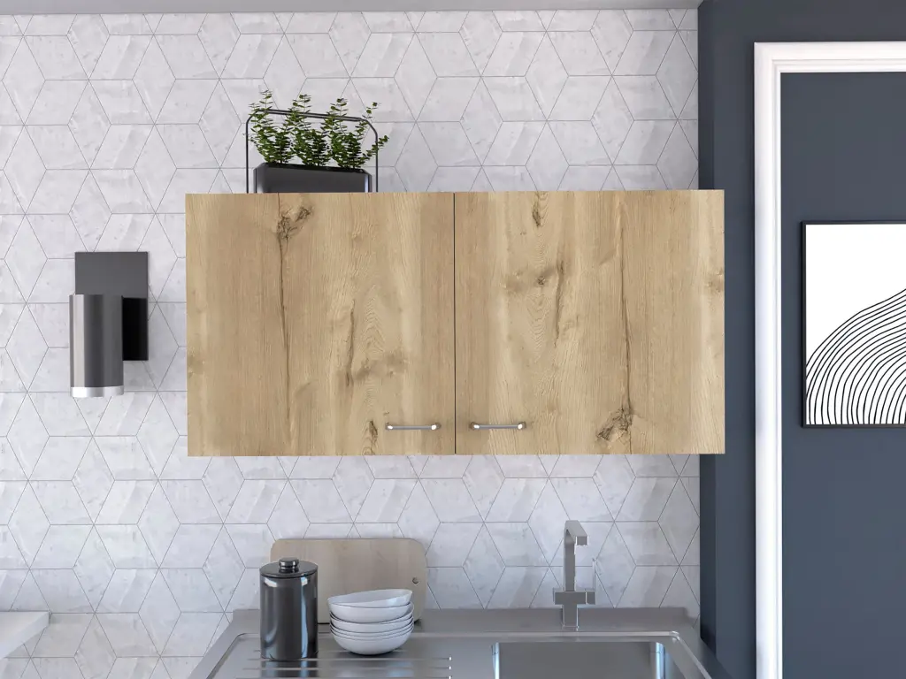 White and Light Oak Rectangle 2 Door Wall Cabinet Beige Particle Board furniture max