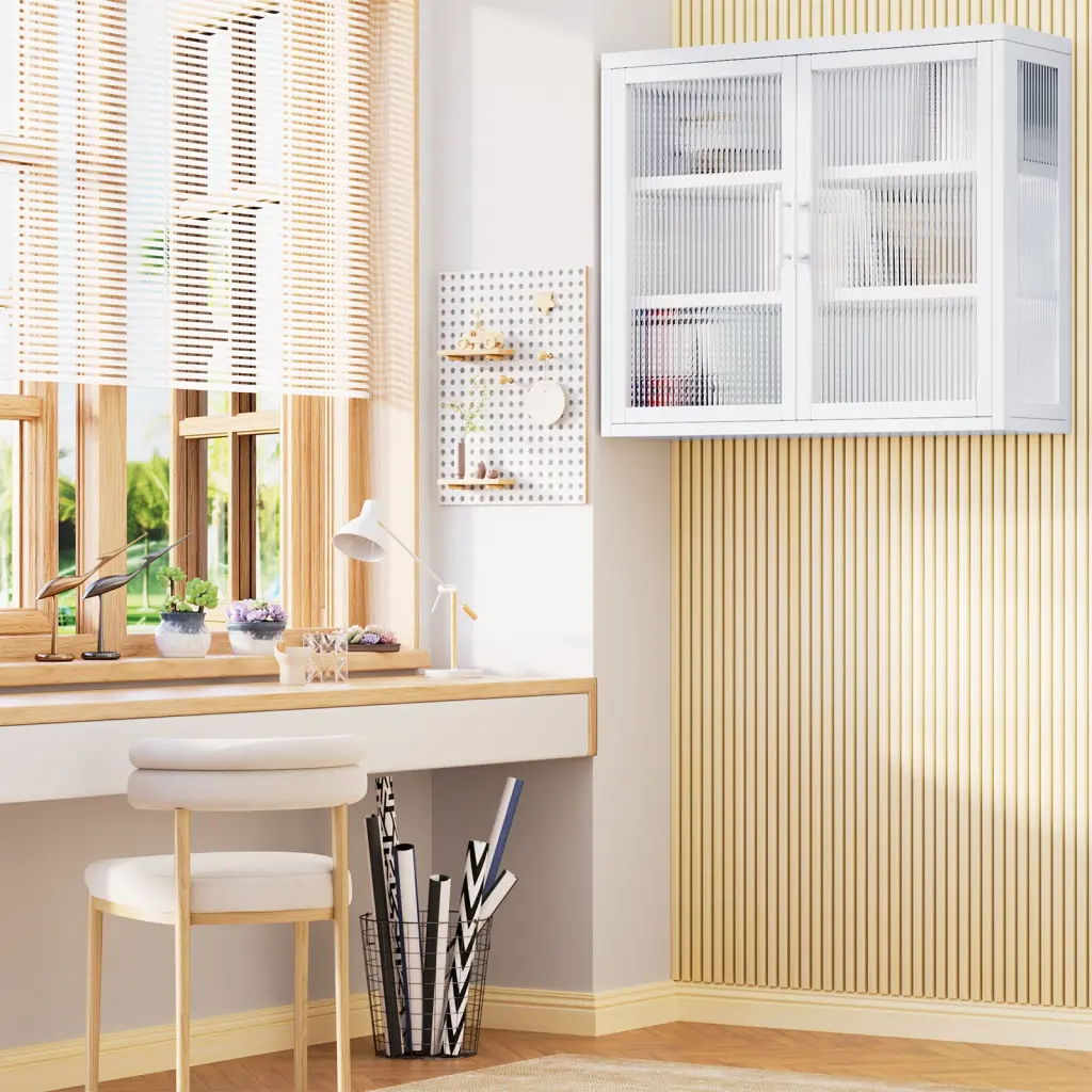 Retro Style Haze Double Glass Door Wall Cabinet Detachable Shelves rnb
