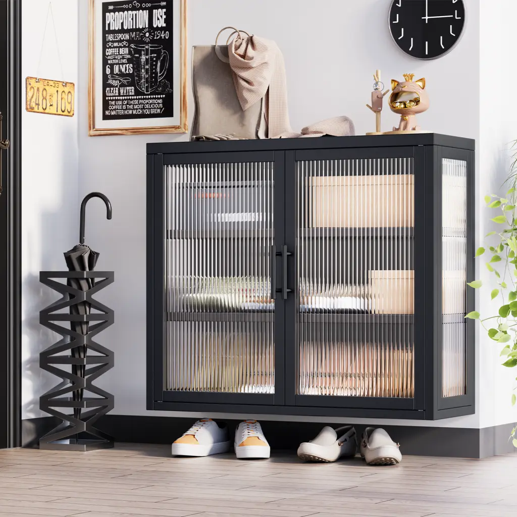 Retro Style Haze Double Glass Door Wall Cabinet Detachable Shelves rnb