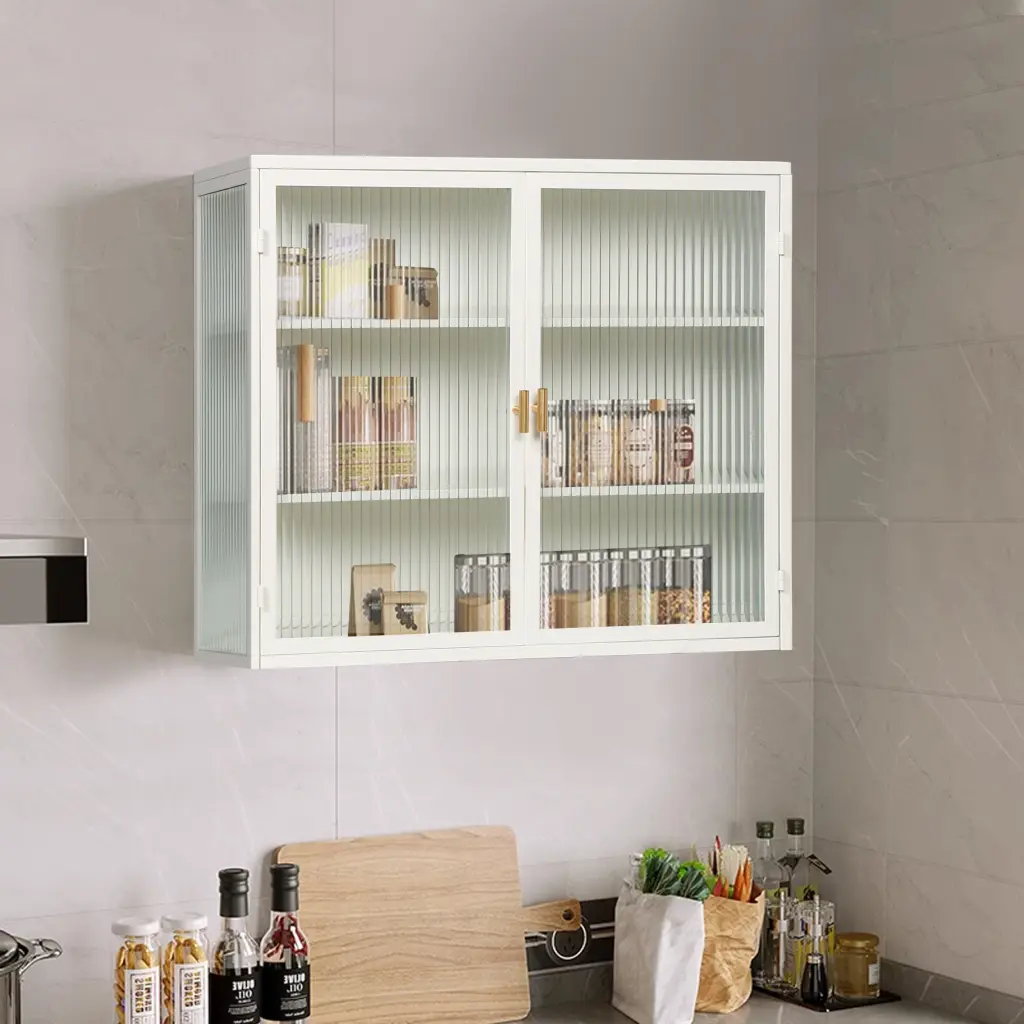 27.56" Glass Doors Modern Two Door Wall Cabinet Featuring Three Tier Shelves spribung