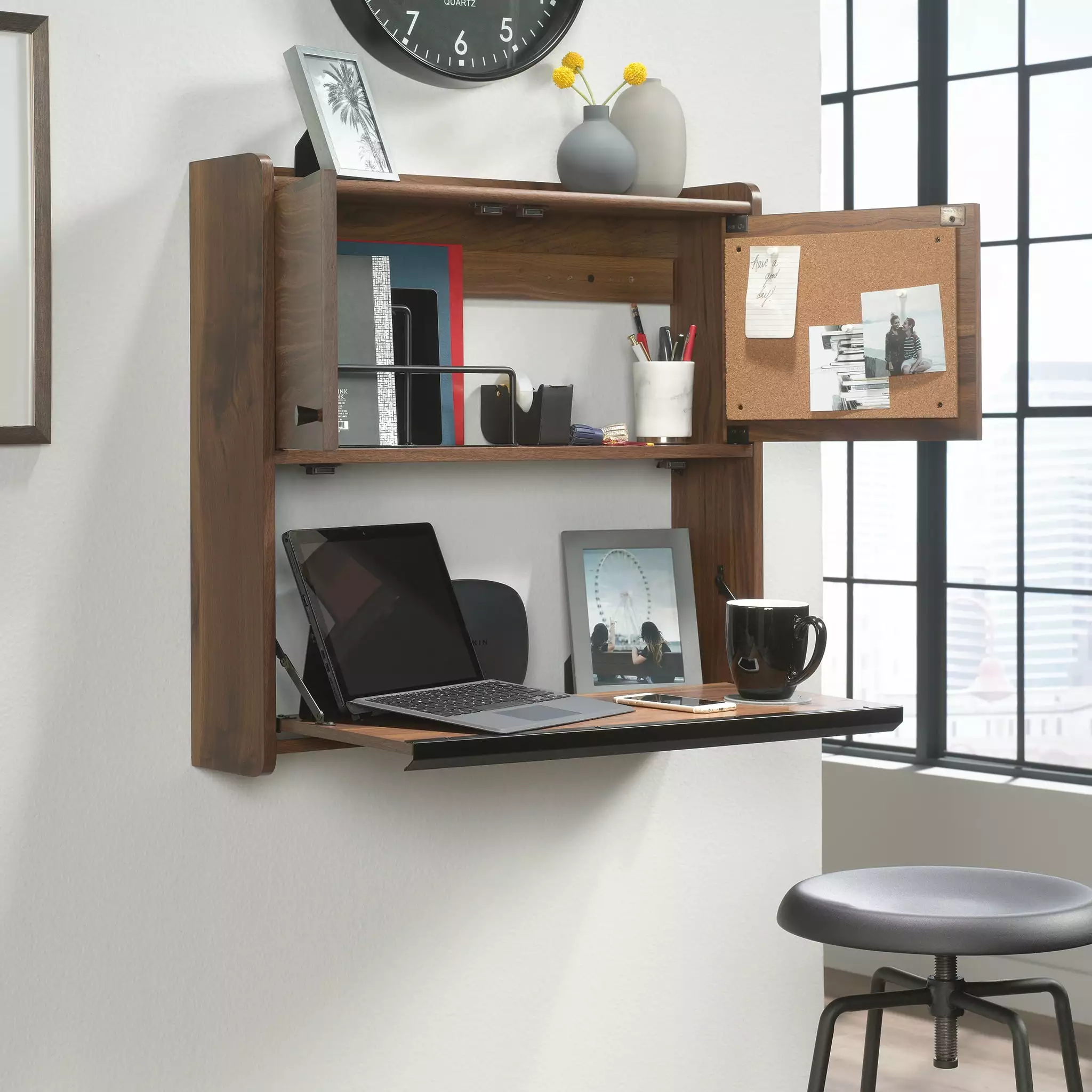 Sauder Harvey Par Floating Wall Desk Grand Walnut Finish Space Saving Home Office Desk
