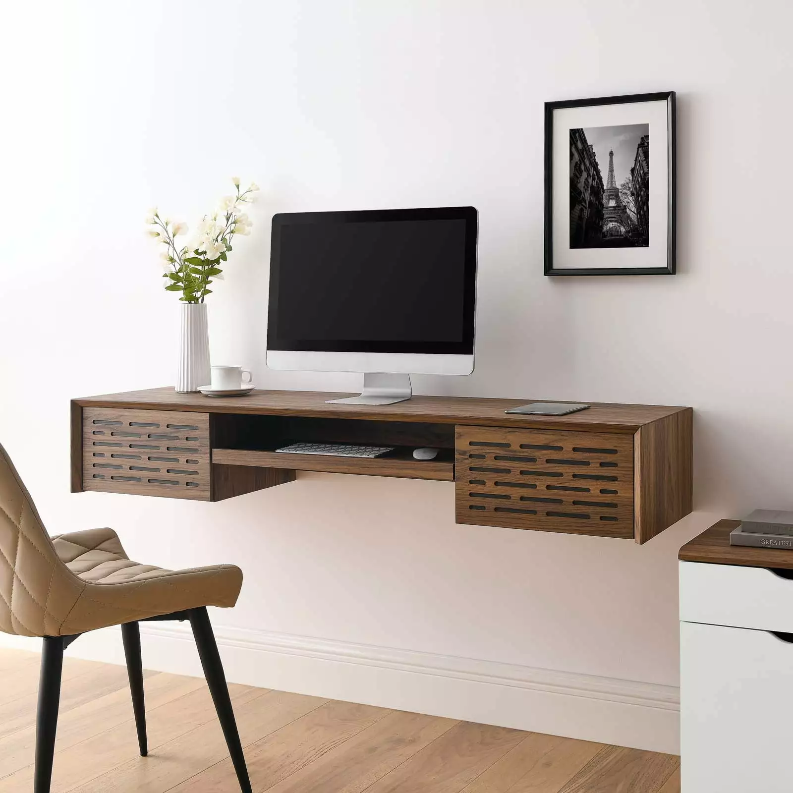 Modway Merit 60 Wall Mount Wood Office Desk Walnut - Space Saving Floating Desk