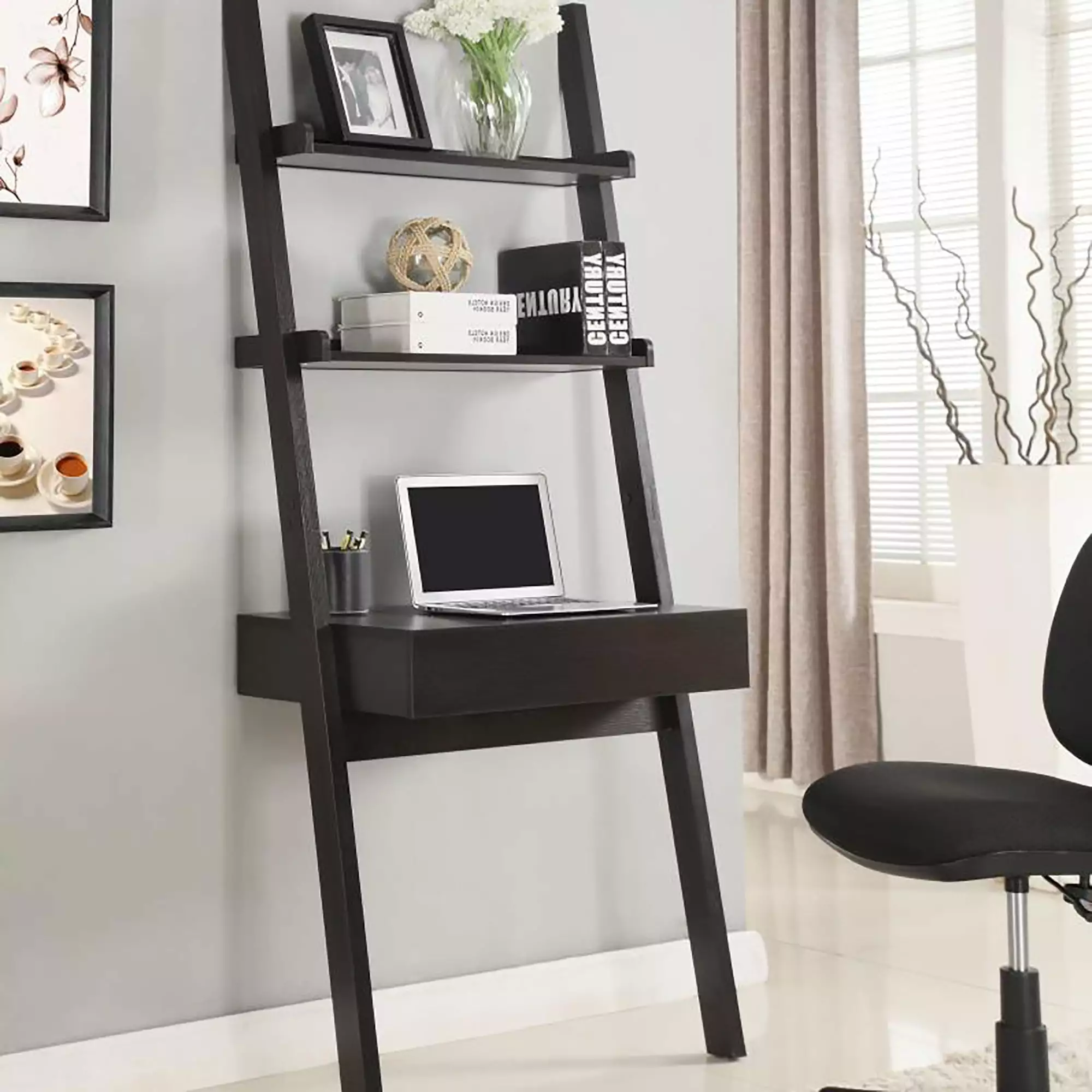 GeeHome Cappuccino Wall Leaning Ladder Desk Space Saving Home Office Desk