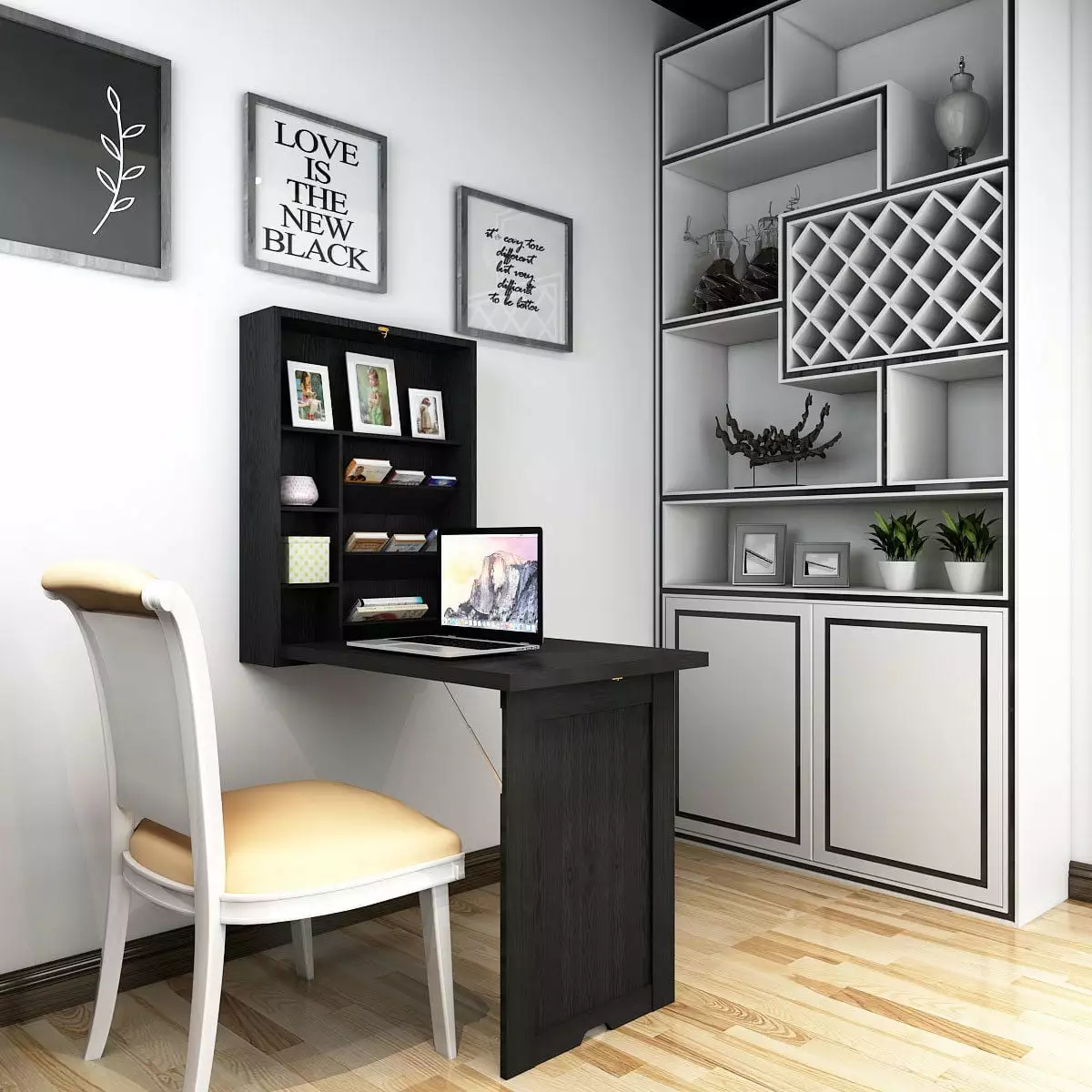 Gymax Black Wall Mounted Fold-Out Floating Desk Space Saver Writing Table