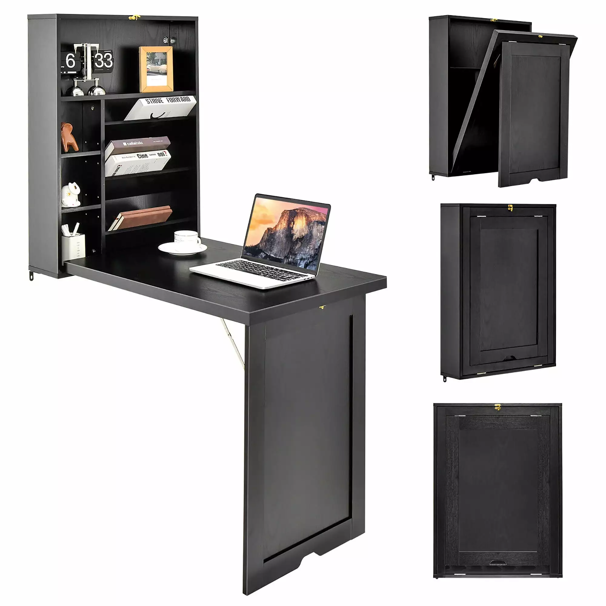 Gymax Wall Mounted Computer Convertible Desk Floating Desk Storage Bookcases Black