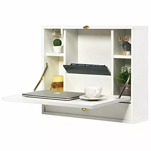 KOTEK Wall Mounted Desk Floating Laptop Desk Storage Drawer and Shelves Folding Home Office Desk White JiGang