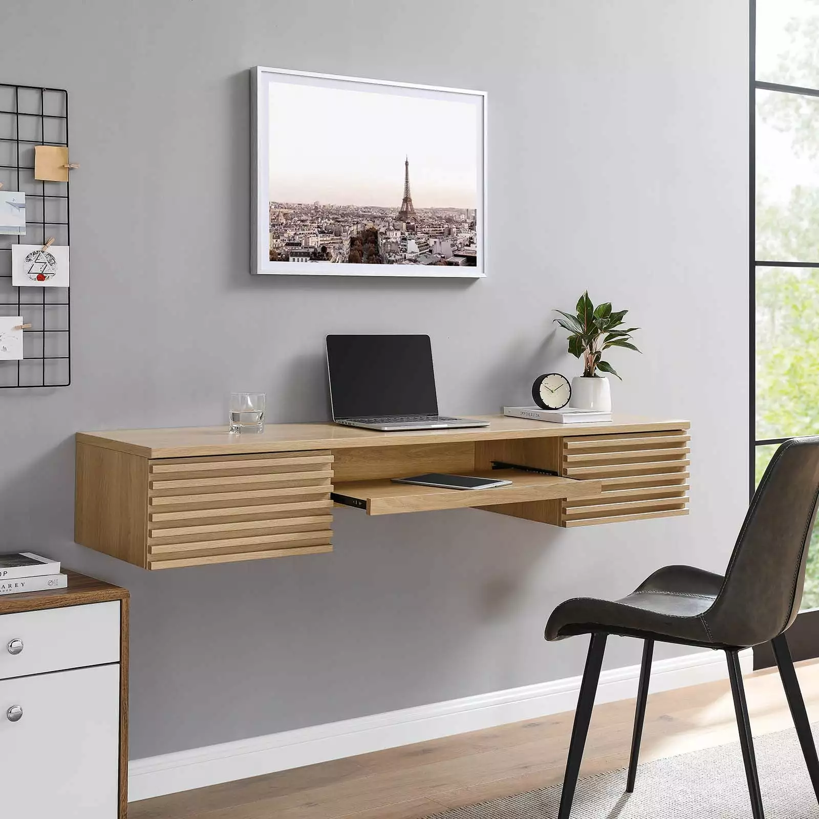 Modway Render Wall Mount Wood Office Desk Oak - Space-Saving Floating Desk