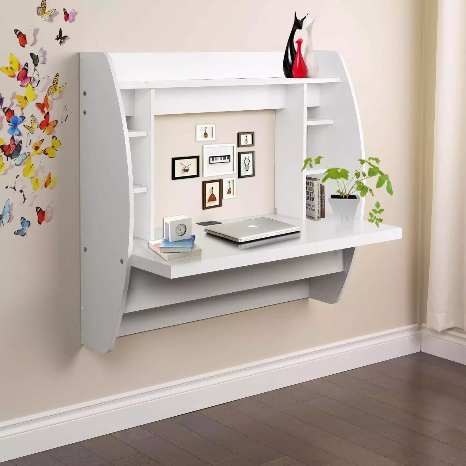 SamyoHome Wall Mount Computer Desk Floating Storage Shelves Storage and Tray White
