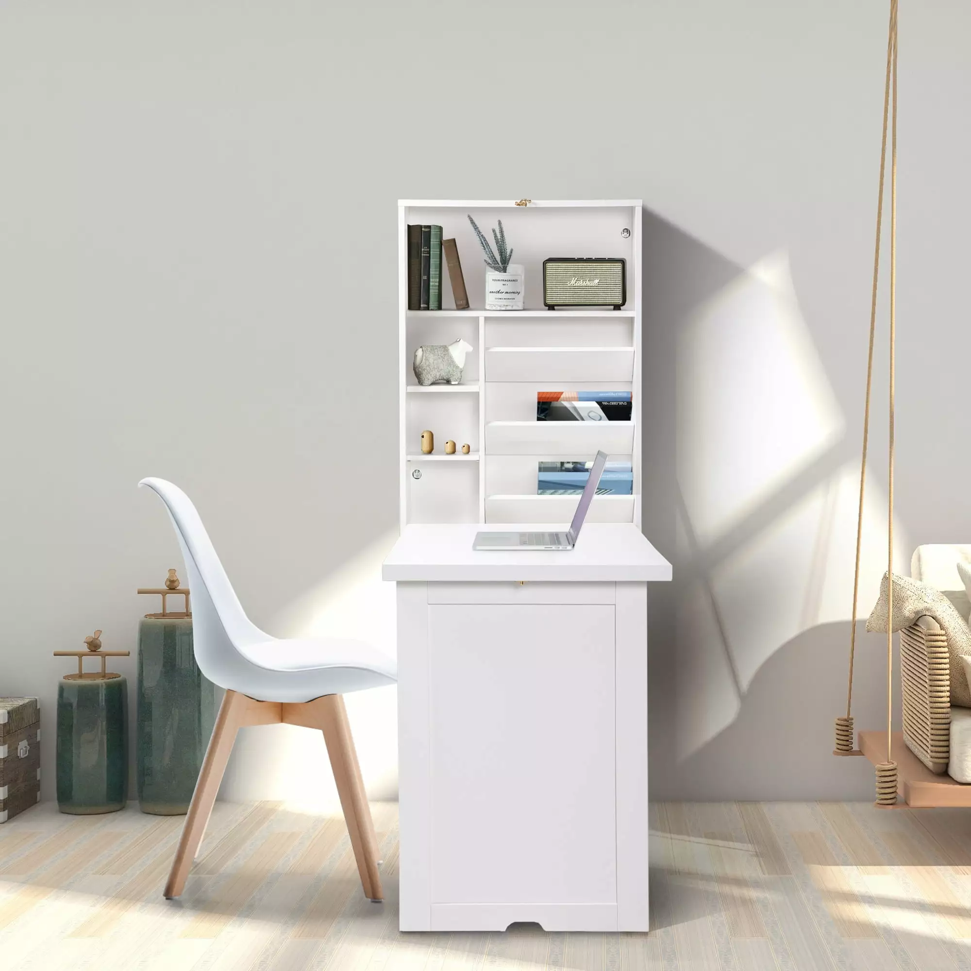 Modern Compact Wall Mounted Folding Desk Cabinet Convertible Writing Desk Storage White Home Office Space Saver SMHZ
