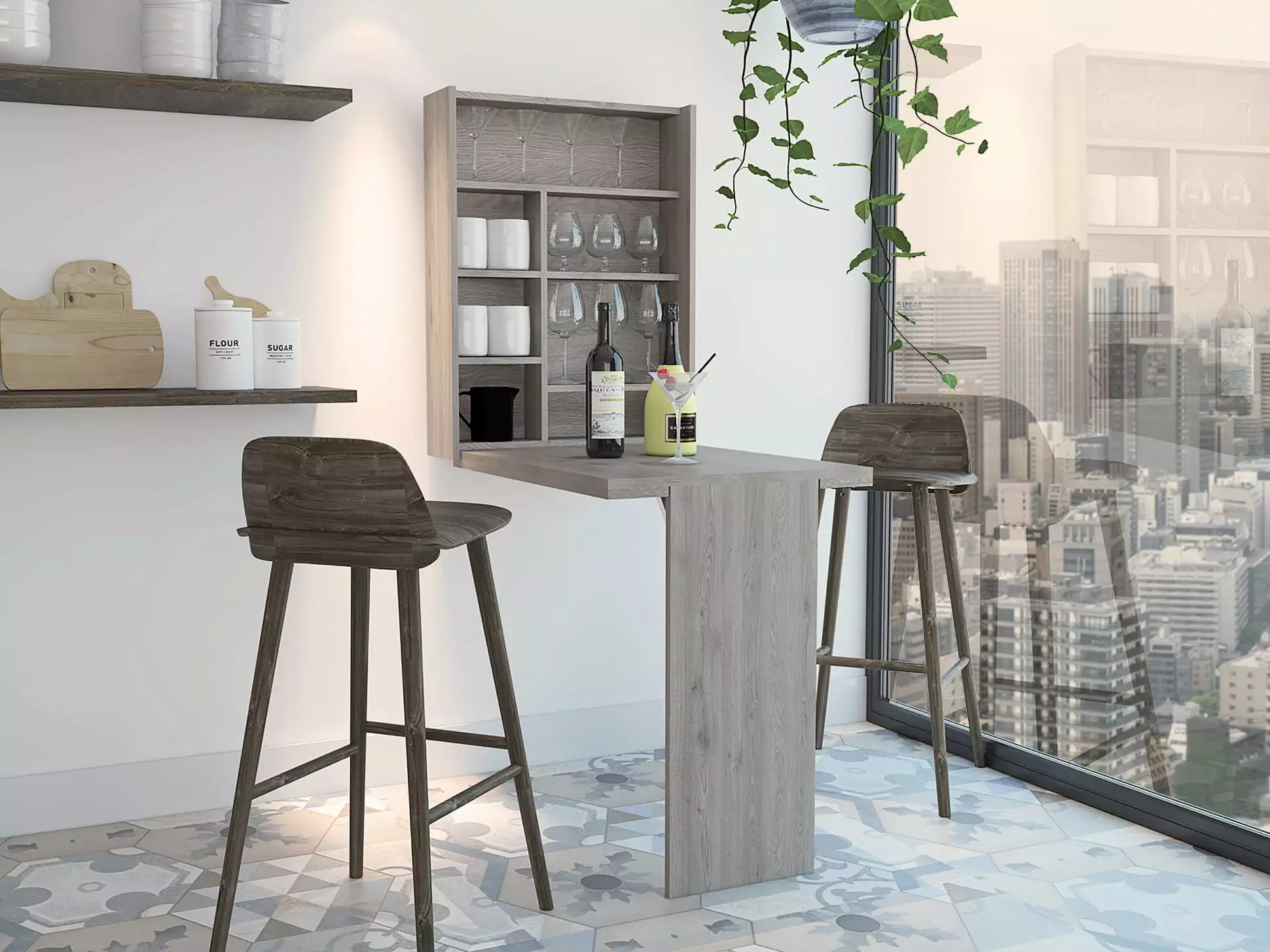 Foldable Multiple Purpose Table Large Storage Space Wall Mounted Bookshelf Cabinet Convertible Writing Desk Light Gray THO...