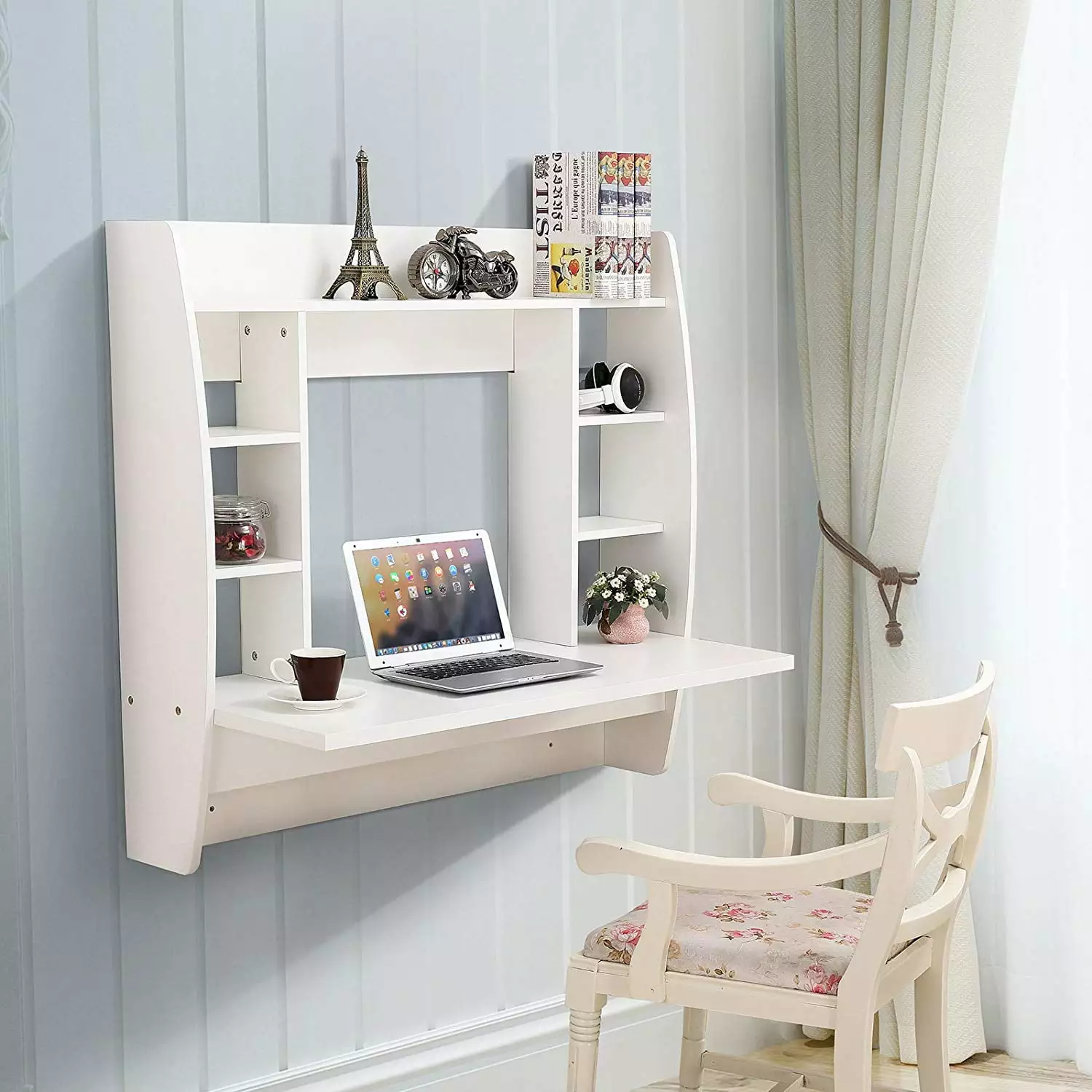 UBesGoo White Floating Wall Mounted Computer Desk Storage Shelf