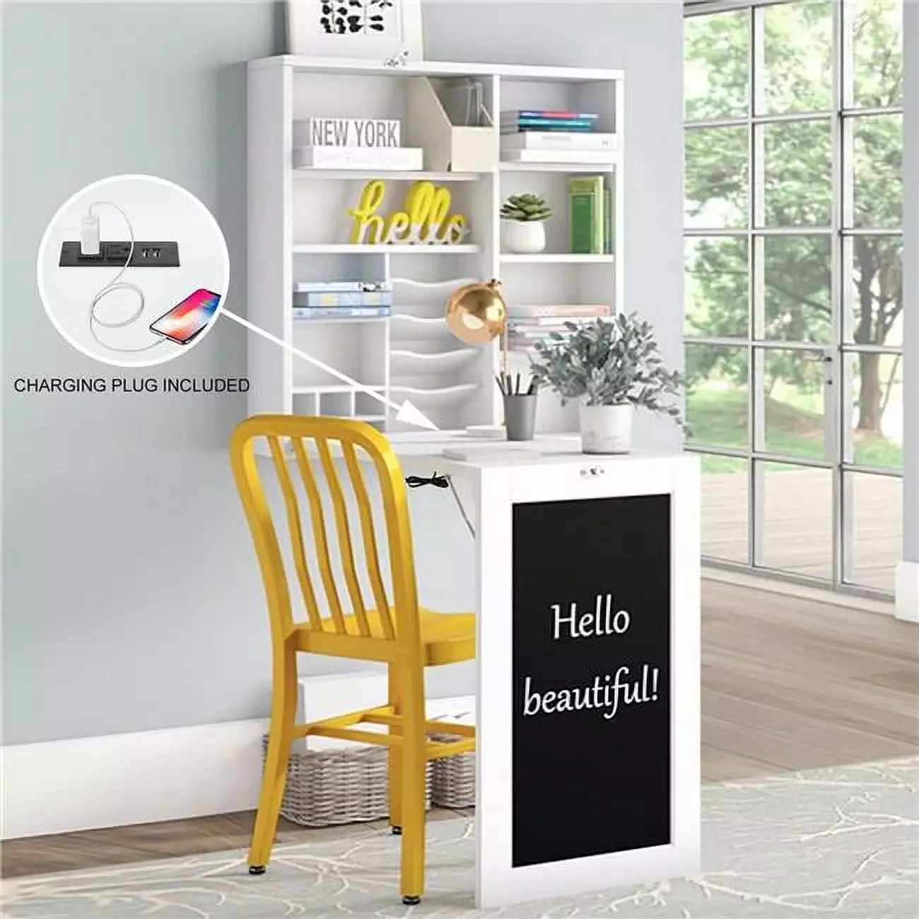 Utopia Alley Collapsible Fold Down Desk Table Storage Cabinet Shelves Chalkboard Wall USB Ports