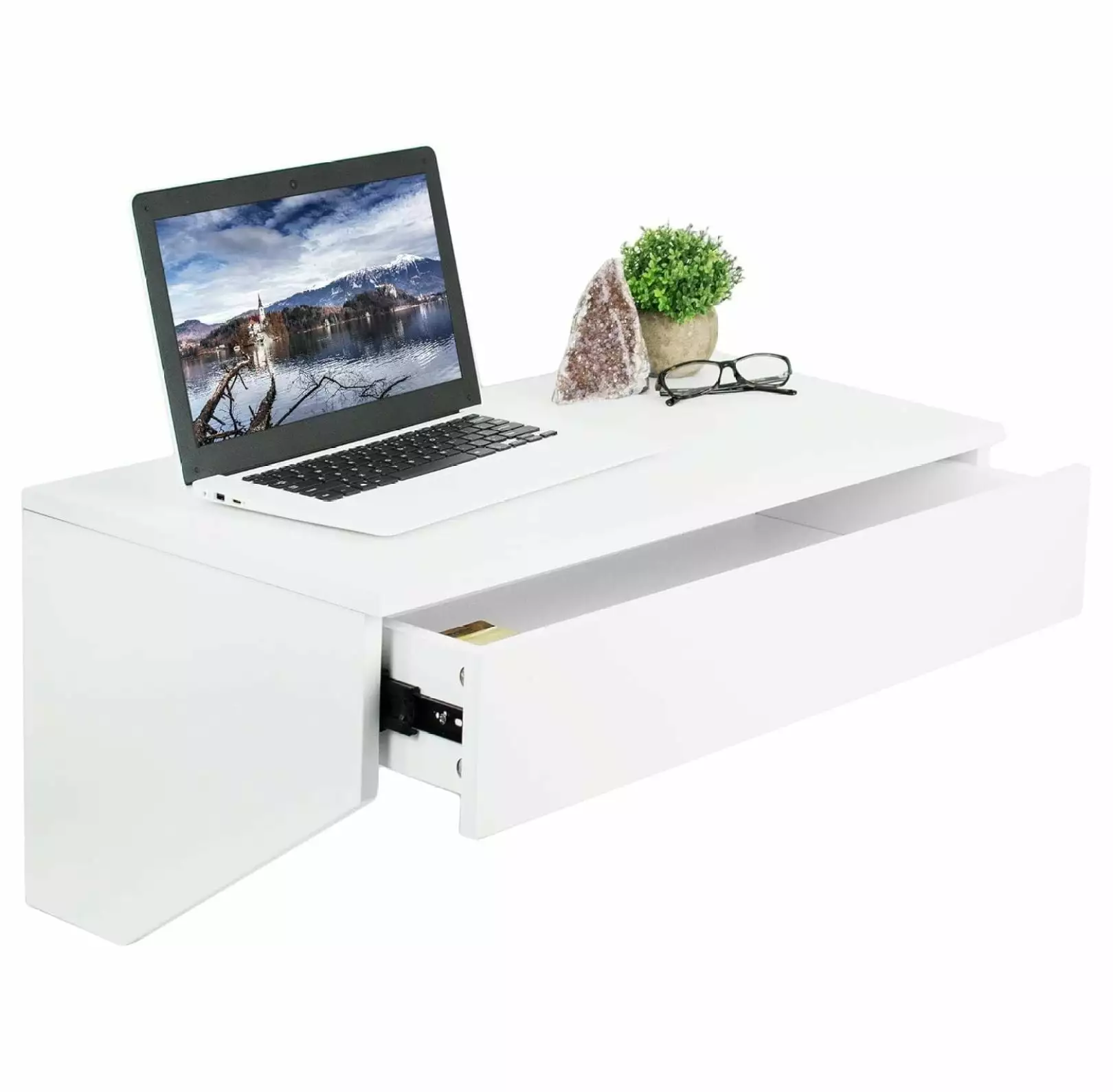 WANCQ White Wall Mounted Desk 28 Inch Surface Pull Out Drawer Floating Wall Organizer Under Storage Workstation