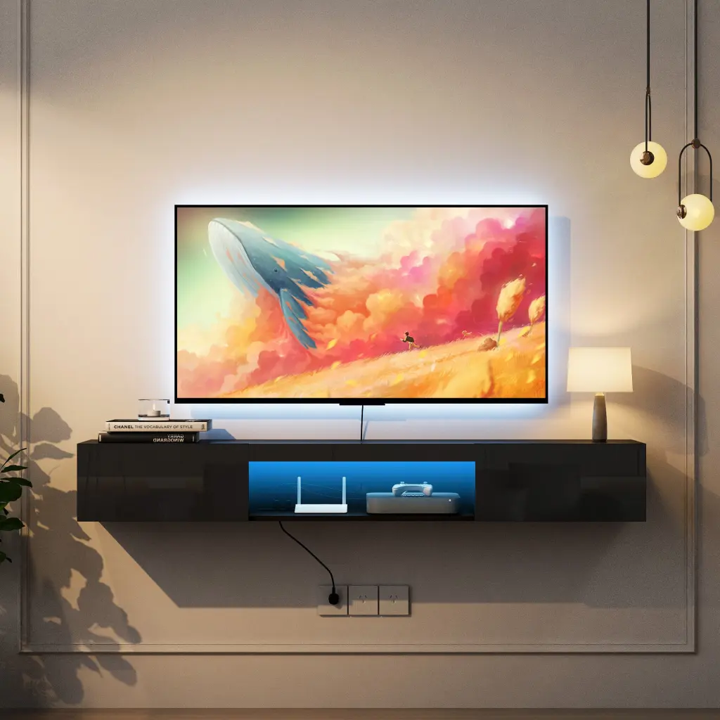 Floating TV Stand Wall Mounted 20 Color LEDs - 63 Inch Modern Media Console Shelves dasenwood