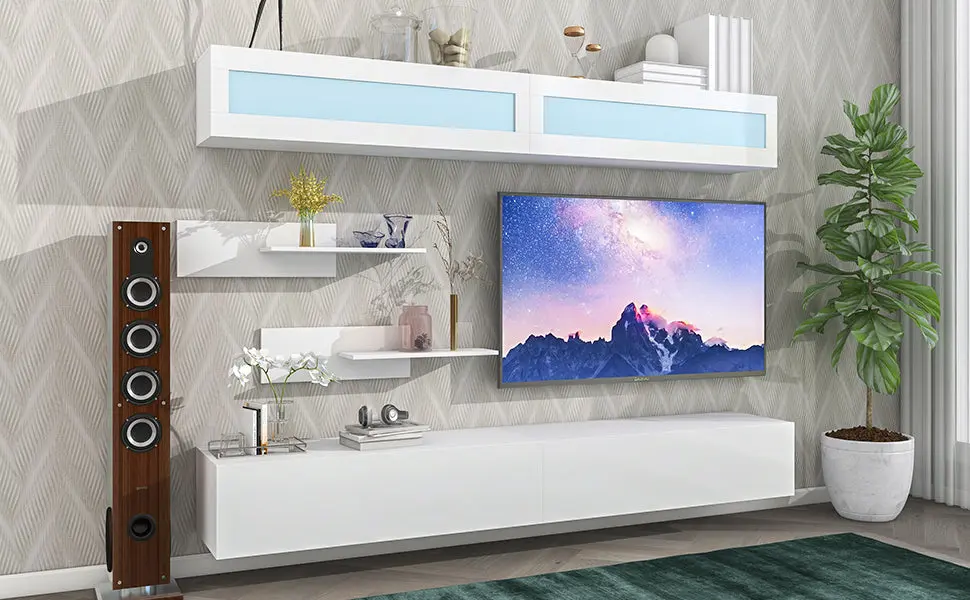 Wall Mount Floating TV Stand Four Storage Cabinets And Two Shelves on-trend