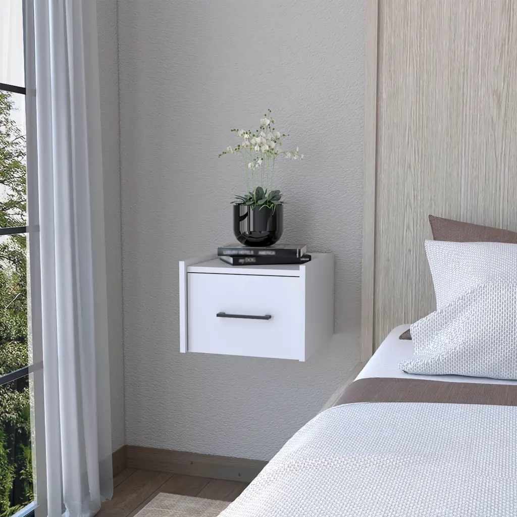 White Wall Mounted Floating Nightstand White 1 Drawer Bedroom Furniture Modern Side Table furniture max