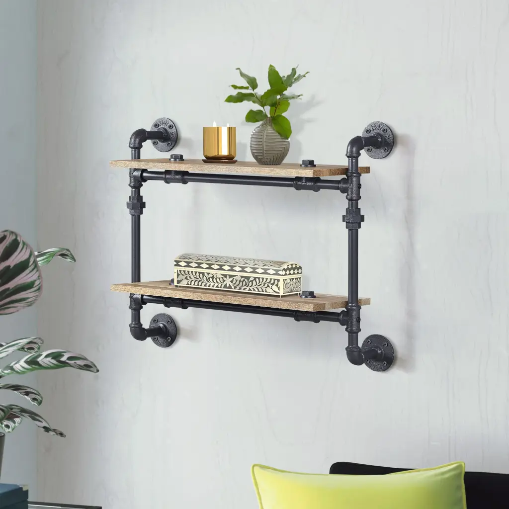 Oak And Sandy Black Rectangle 2 Tier Wall Shelf 2 Or Less Natural Black furniture max